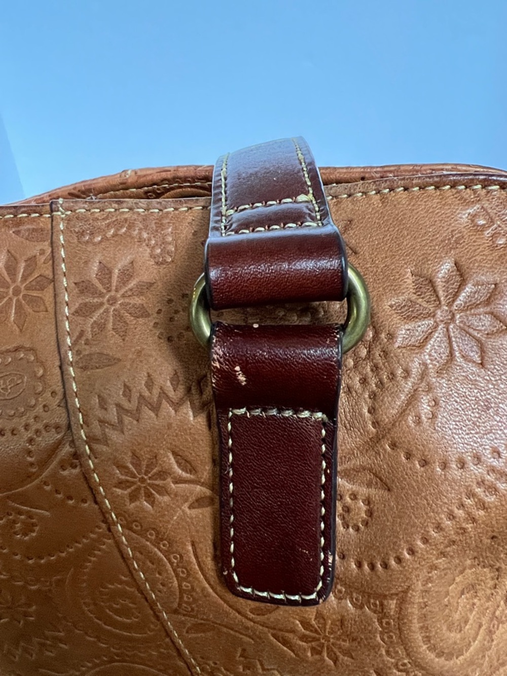 Fossil Tooled Floral leather Y2K Satchel Shoulder Bag Caramel Brown Leather - Picture 12 of 13